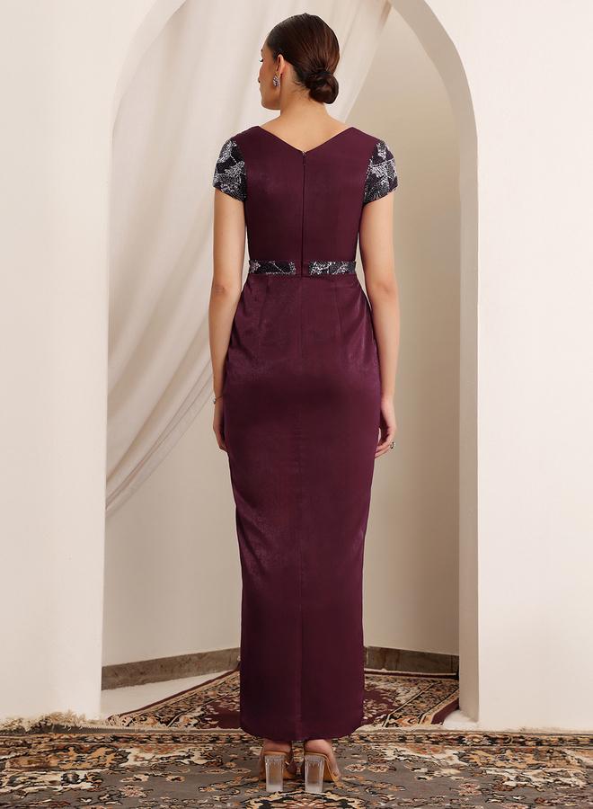 Miss Chase Burgundy Embellished Lace Maxi Dress - Image 3
