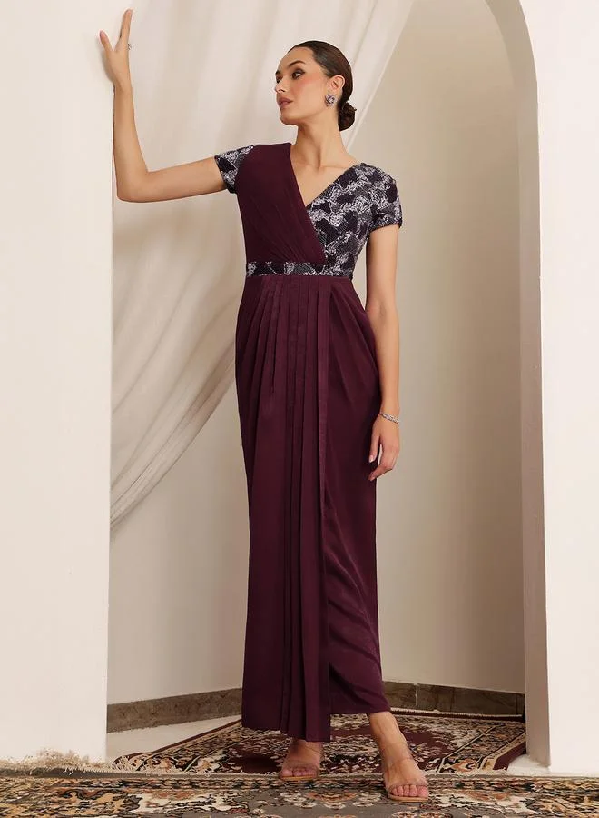 Miss Chase Miss Chase Burgundy Embellished Lace Maxi Dress