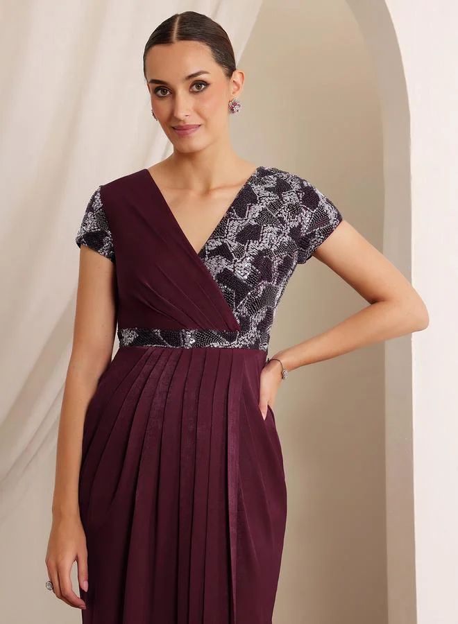 Miss Chase Miss Chase Burgundy Embellished Lace Maxi Dress