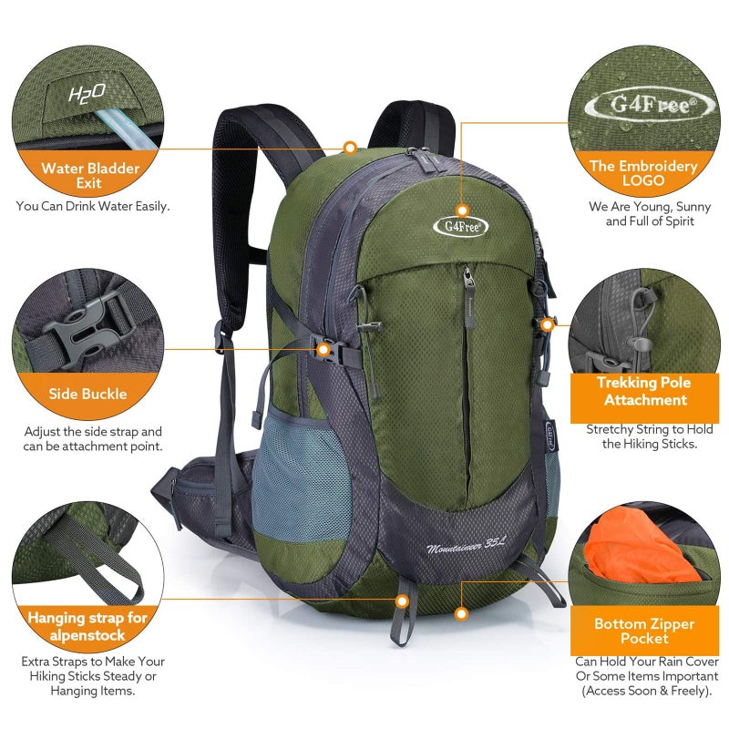 G4Free 35L Hiking Backpack Water Resistant Outdoor Sports Travel Daypack Lightweight with Rain Cover for Women Men (Army Green) - Image 3