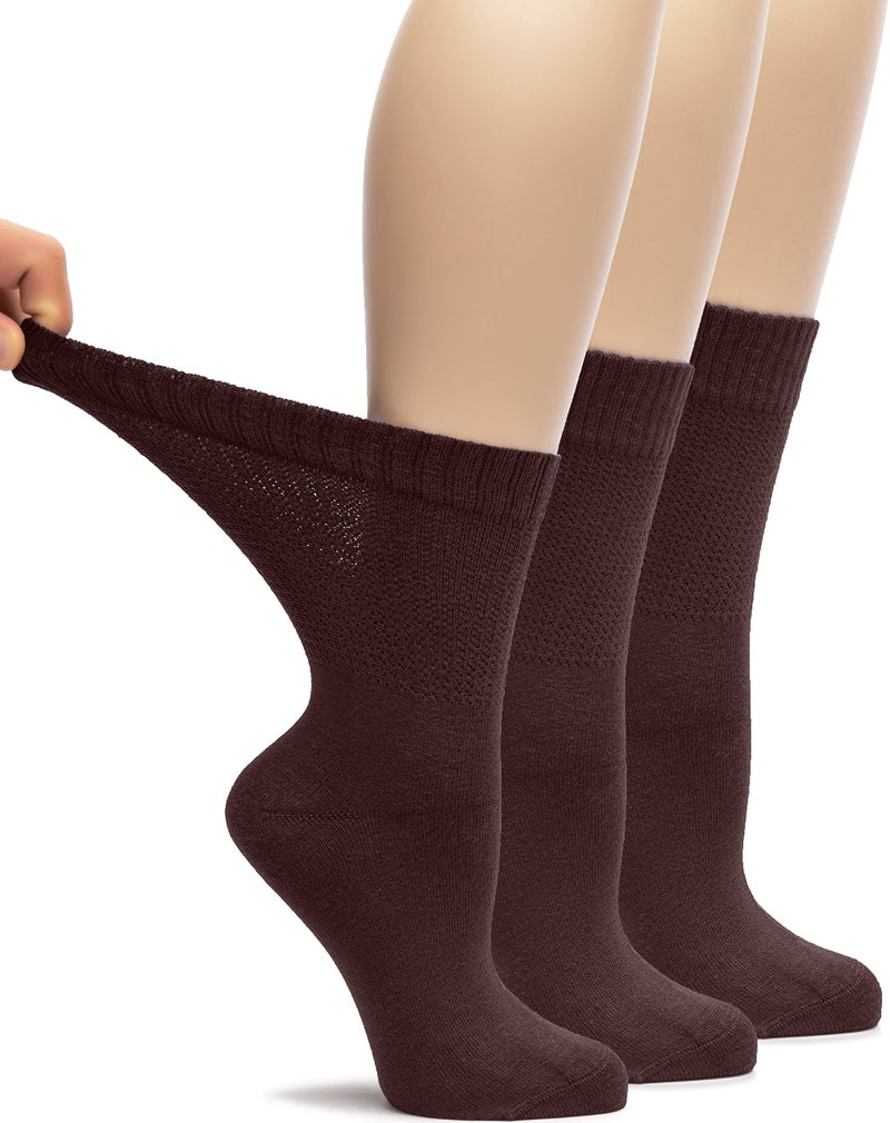 Hugh Ugoli Women's Rayon Loose Fit Diabetic Crew Socks, Seamless Toe & Non-Binding Top for Swollen Feet, Soft, Extra Wide and Stretchy, 3 Pairs, Brown, Shoe Size: 10-12 - Image 1