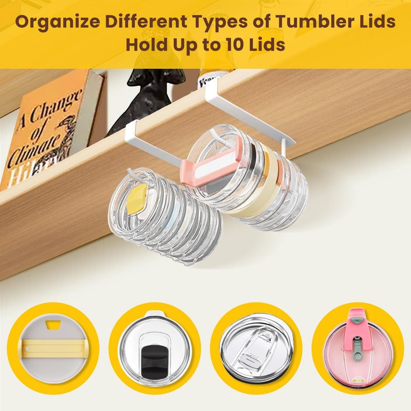 Amawarm 2 Pack Tumbler Lid Organizer, Under Cabinet Cup Lid Holder for Yeti Insulated Mug/Stanley Insulated Mug/Simple Modern Insulated Mug Lid, No Gluing, No Drilling, Up to 10 Lids (White) - Image 5