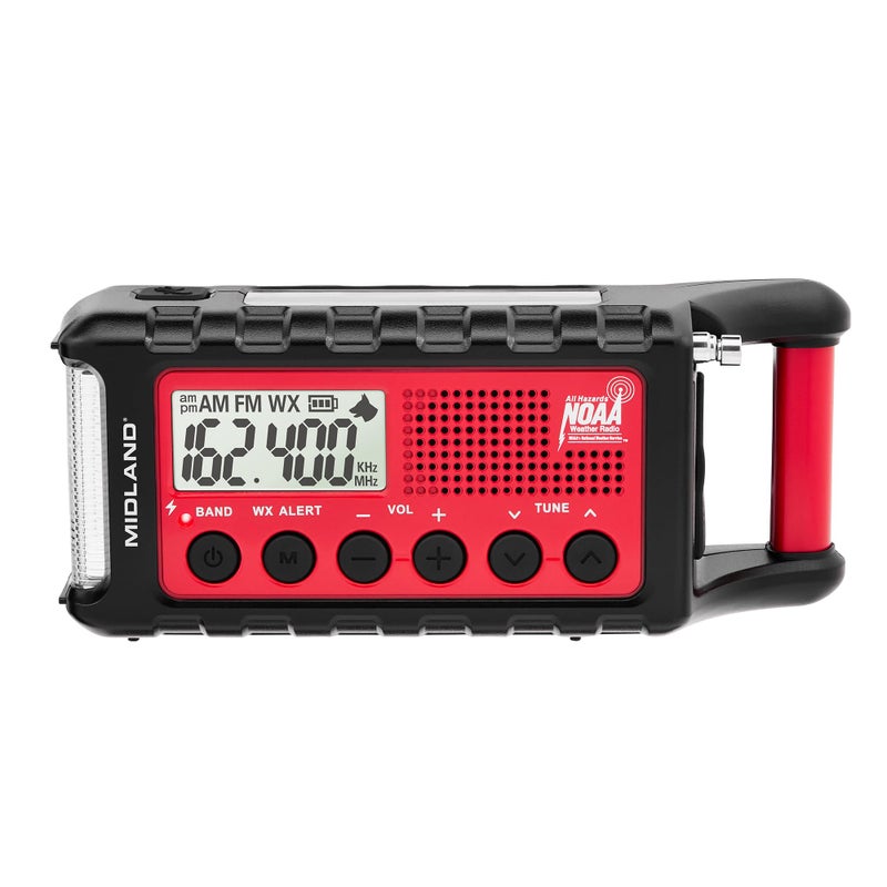 Midland - ER310, Emergency Crank Weather AM/FM Radio - Multiple Power Sources, SOS Emergency Flashlight, Ultrasonic Dog Whistle, & NOAA Weather Scan + Alert (Red/Black) - Image 1