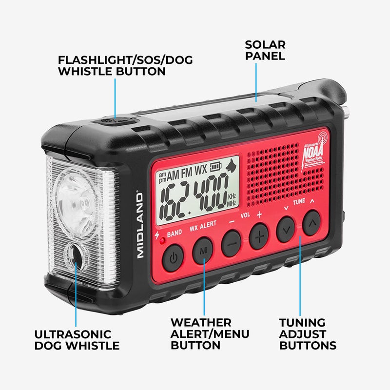 Midland - ER310, Emergency Crank Weather AM/FM Radio - Multiple Power Sources, SOS Emergency Flashlight, Ultrasonic Dog Whistle, & NOAA Weather Scan + Alert (Red/Black) - Image 5