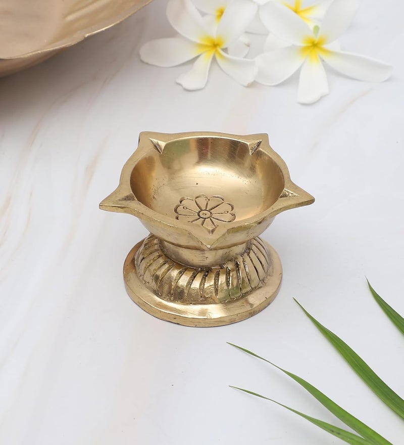 Two Moustaches Ethnic Flower Carved 5 Oil Wicks Brass Diya Brass Diya for Puja Brass Deepak for Pooja Mandir Gifts for Diwali Housewarmings Gifts 100 Pure Brass Antique White Pack of 1 - Image 2