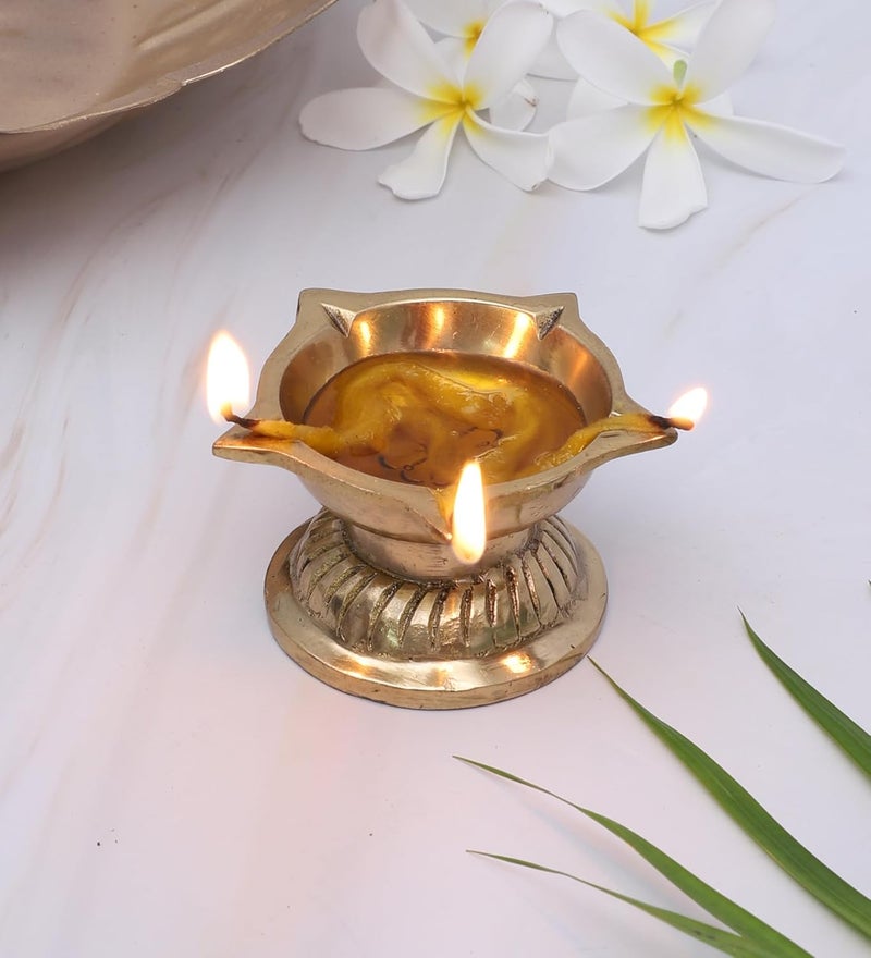 Two Moustaches Ethnic Flower Carved 5 Oil Wicks Brass Diya Brass Diya for Puja Brass Deepak for Pooja Mandir Gifts for Diwali Housewarmings Gifts 100 Pure Brass Antique White Pack of 1 - Image 3
