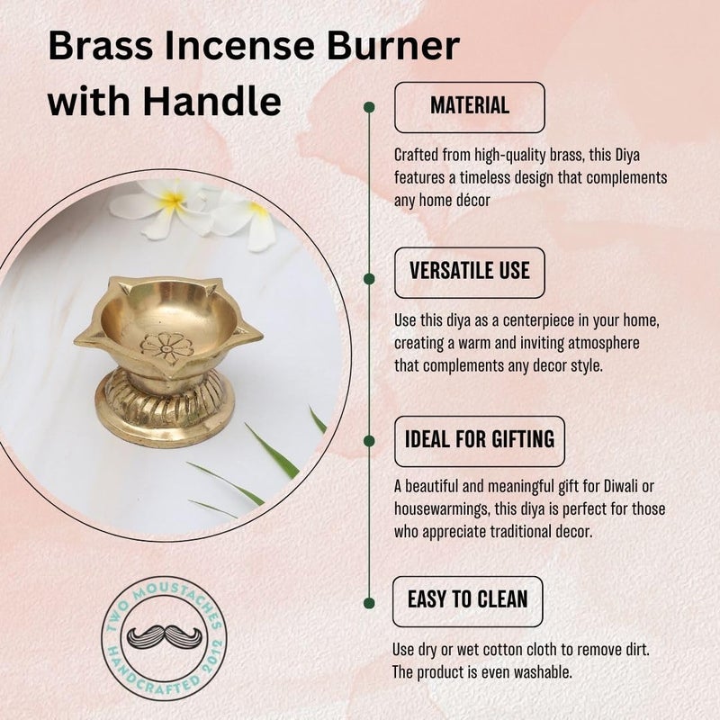 Two Moustaches Ethnic Flower Carved 5 Oil Wicks Brass Diya Brass Diya for Puja Brass Deepak for Pooja Mandir Gifts for Diwali Housewarmings Gifts 100 Pure Brass Antique White Pack of 1 - Image 4