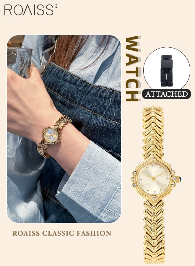 رويس ساعة كوارتز كلاسيكية نسائية، شاشة عرض تناظرية، قرص دائري مزين بأحجار الراين، ساعة يد فاخرة وخفيفة الوزن مقاومة للماء بسوار أذن القمح باللون الذهبي بالكامل، هدية للسيدات - Image 1