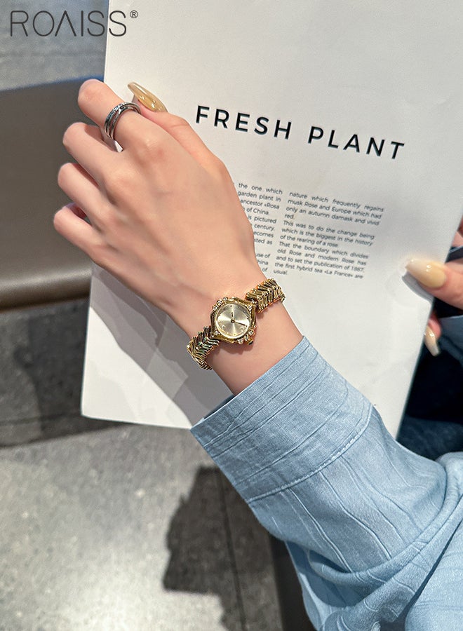 رويس ساعة كوارتز كلاسيكية نسائية، شاشة عرض تناظرية، قرص دائري مزين بأحجار الراين، ساعة يد فاخرة وخفيفة الوزن مقاومة للماء بسوار أذن القمح باللون الذهبي بالكامل، هدية للسيدات - Image 2