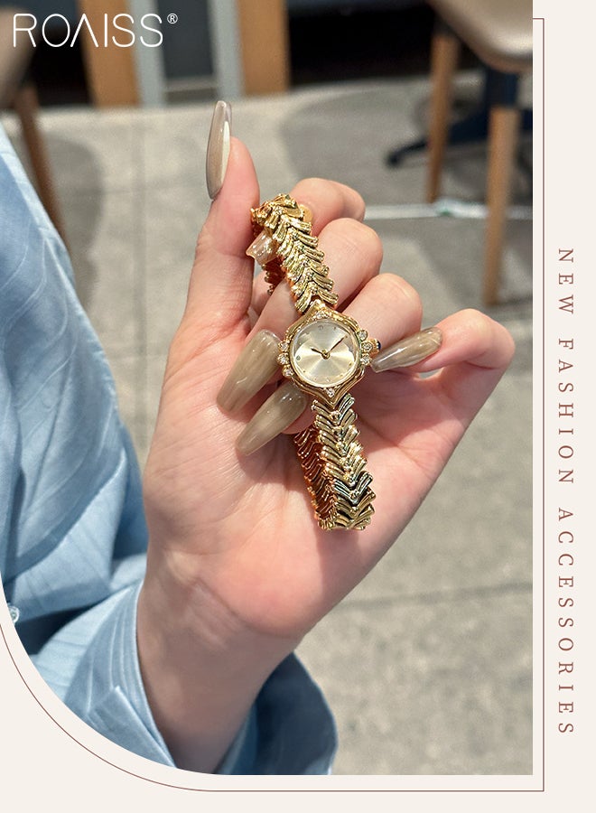 رويس ساعة كوارتز كلاسيكية نسائية، شاشة عرض تناظرية، قرص دائري مزين بأحجار الراين، ساعة يد فاخرة وخفيفة الوزن مقاومة للماء بسوار أذن القمح باللون الذهبي بالكامل، هدية للسيدات - Image 3