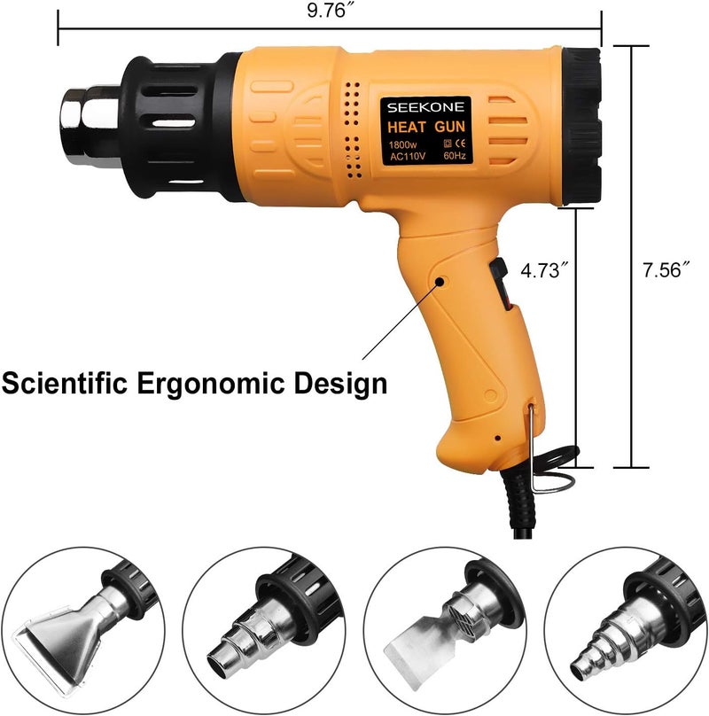 SEEKONE Heat Gun 1800W 122℉-1202℉（50℃- 650℃）Fast Heating Heavy Duty Hot Air Gun Kit Variable Temperature Control Overheat Protection with 4 Nozzles for Crafts, Shrinking PVC, Stripping Paint(5.2FT) - Image 4
