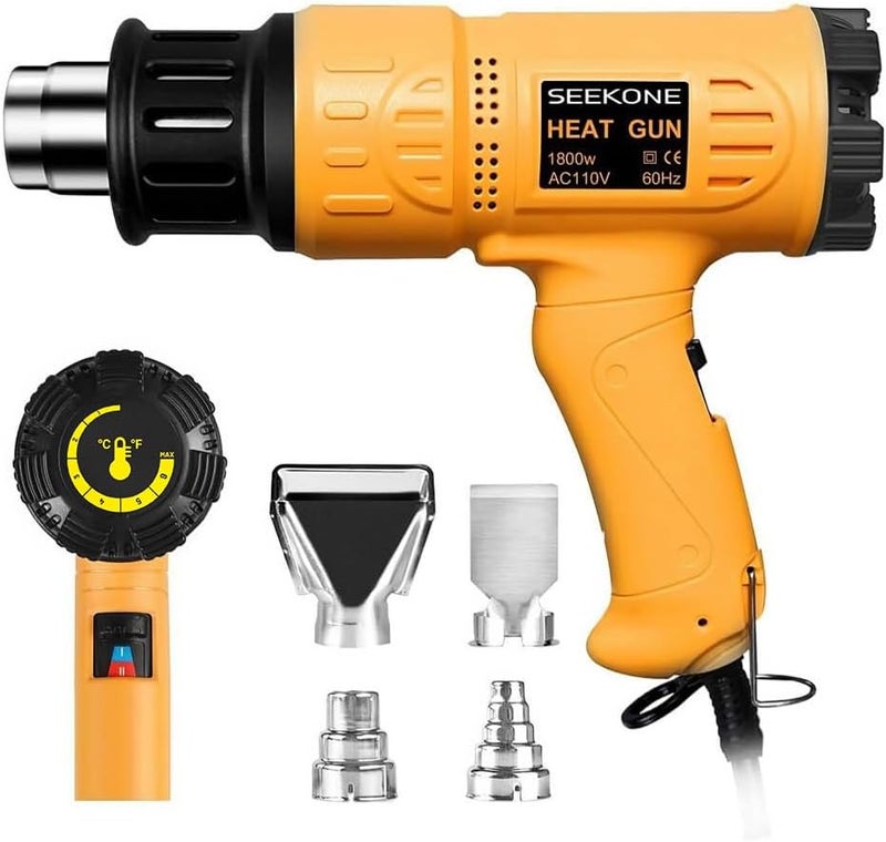 SEEKONE Heat Gun 1800W 122℉-1202℉（50℃- 650℃）Fast Heating Heavy Duty Hot Air Gun Kit Variable Temperature Control Overheat Protection with 4 Nozzles for Crafts, Shrinking PVC, Stripping Paint(5.2FT) - Image 1