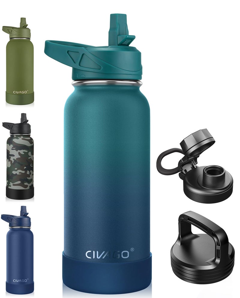 CIVAGO 32 oz Insulated Water Bottle With Straw, Stainless Steel Sports Water Cup Flask with 3 Lids (Straw, Spout and Handle Lid), Wide Mouth Travel Thermal Mug, Dark Night - Image 1