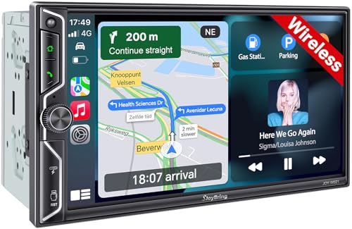 SJOYBRING [QLED Screen Upgrade] 7" Double Din Car Stereo with Wireless Apple CarPlay and Android Auto, 240W Powerful Sound, 4.2-Channel Audio Output, Bluetooth, MirrorLink, Backup Camera, AM/FM Car Radio - Image 1