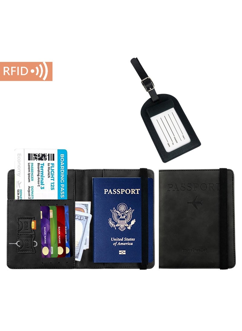 Beauenty Passport Holder With Luggage Tag Cover Wallet RFID Blocking Leather Case Travel Essentials Accessories Travel Must Have (Black)  - Image 1