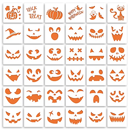 Sakolla 36 Pieces Halloween Drawing Stencils, 6 Inch Plastic Reusable Pumpkin Faces Painting Stencil for DIY Pumpkin Carving, Wood, Walls Art and Halloween Decoration - Image 1