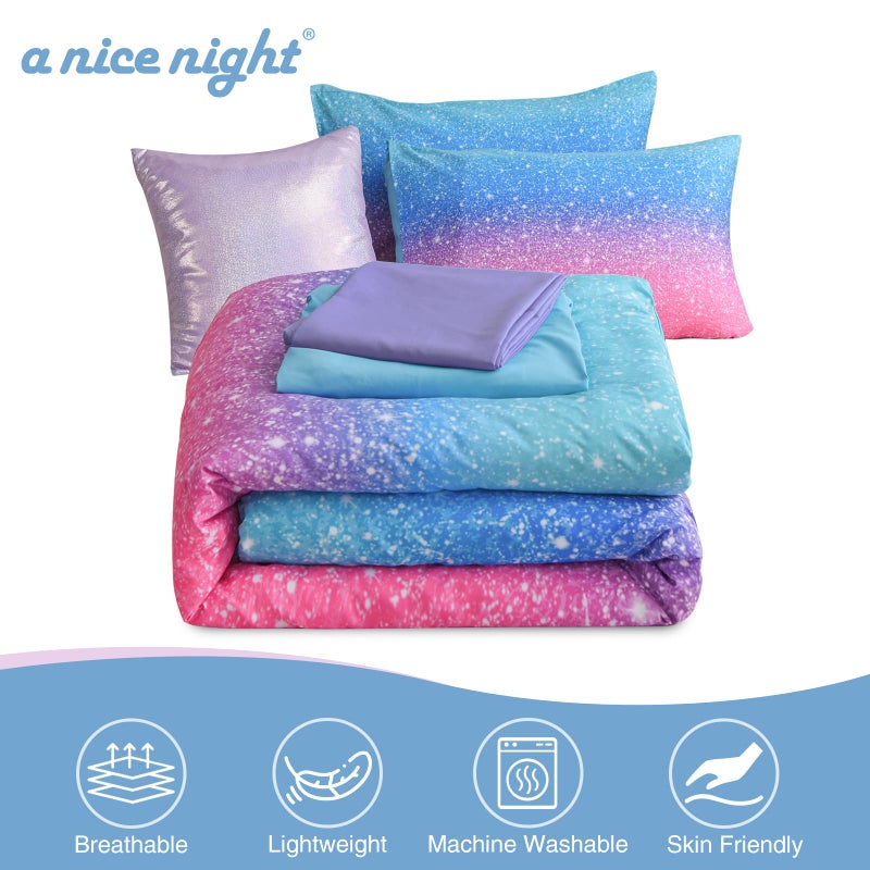 A Nice Night 6Pcs Gradient Glitter Bedding Set for Girls Full Size, Colorful Rainbow Galaxy Comforter Set, Ultra Soft Bedding Sets, Blue - Image 5