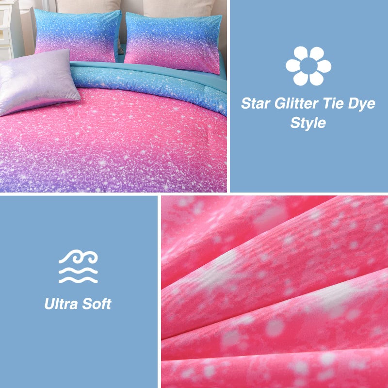 A Nice Night 6Pcs Gradient Glitter Bedding Set for Girls Full Size, Colorful Rainbow Galaxy Comforter Set, Ultra Soft Bedding Sets, Blue - Image 3