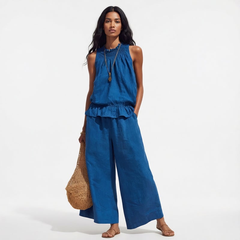 Women's Linen Cotton Two-Piece Set Sleeveless Ruffle Hem Wide Leg Pants Summer Casual Outfit - Image 1