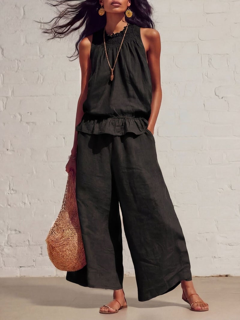 Women's Linen Cotton Two-Piece Set Sleeveless Ruffle Hem Wide Leg Pants Summer Casual Outfit - Image 4