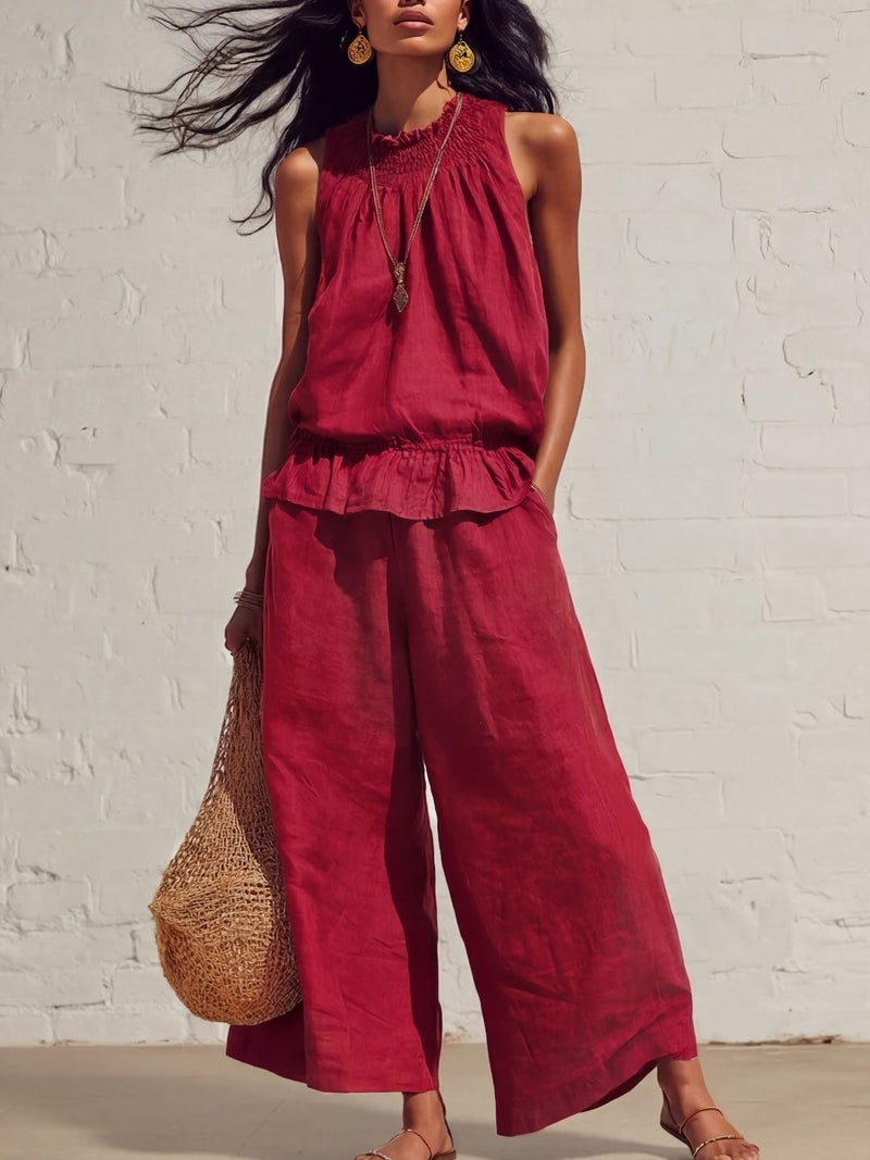 Women's Linen Cotton Two-Piece Set Sleeveless Ruffle Hem Wide Leg Pants Summer Casual Outfit - Image 2