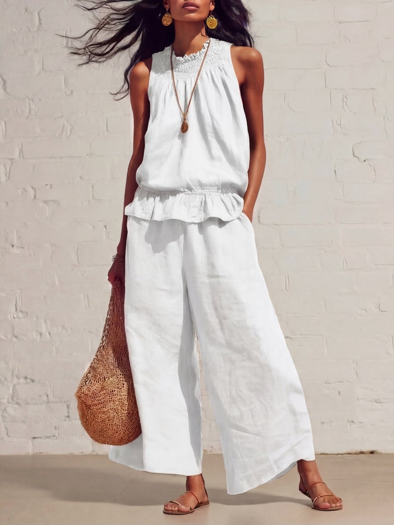 Women's Linen Cotton Two-Piece Set Sleeveless Ruffle Hem Wide Leg Pants Summer Casual Outfit - Image 3