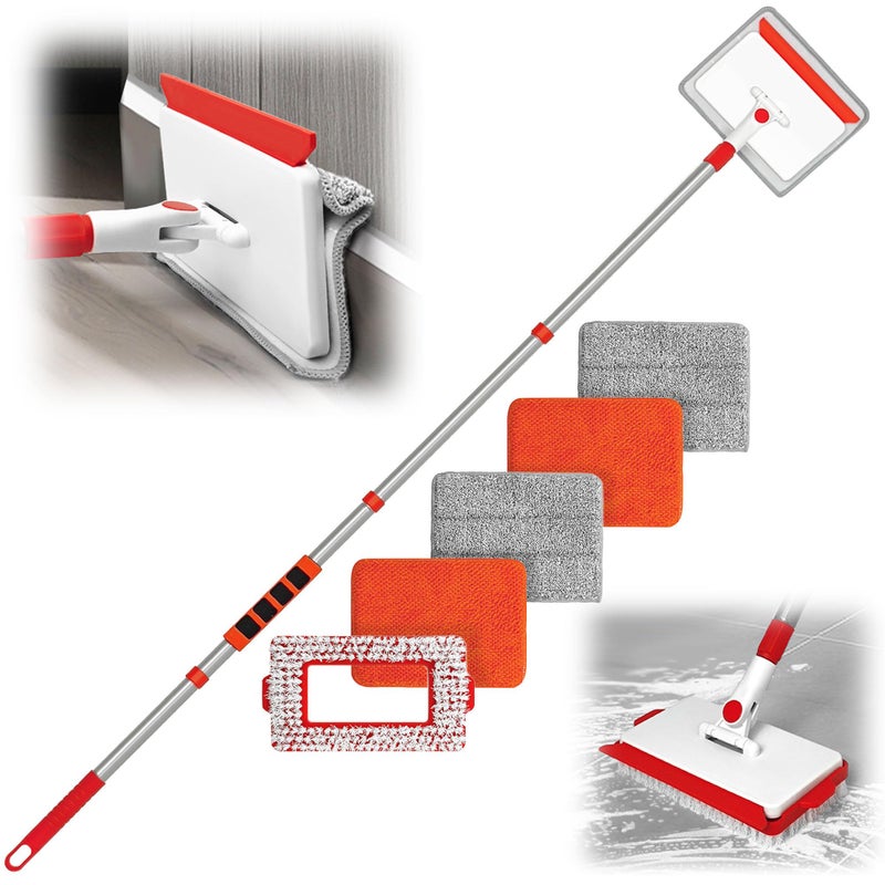 JEHONN Baseboard Cleaner Tool with Handle, 56 inches Base Boards Cleaning Mop Scrubber, 1 Stiff Bristles Brush, 2 Chenille and 2 Microfiber Pads, Wall Duster for Floorboard Ceiling Window Tile - Image 1