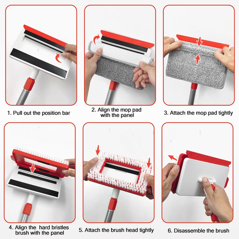 JEHONN Baseboard Cleaner Tool with Handle, 56 inches Base Boards Cleaning Mop Scrubber, 1 Stiff Bristles Brush, 2 Chenille and 2 Microfiber Pads, Wall Duster for Floorboard Ceiling Window Tile - Image 4