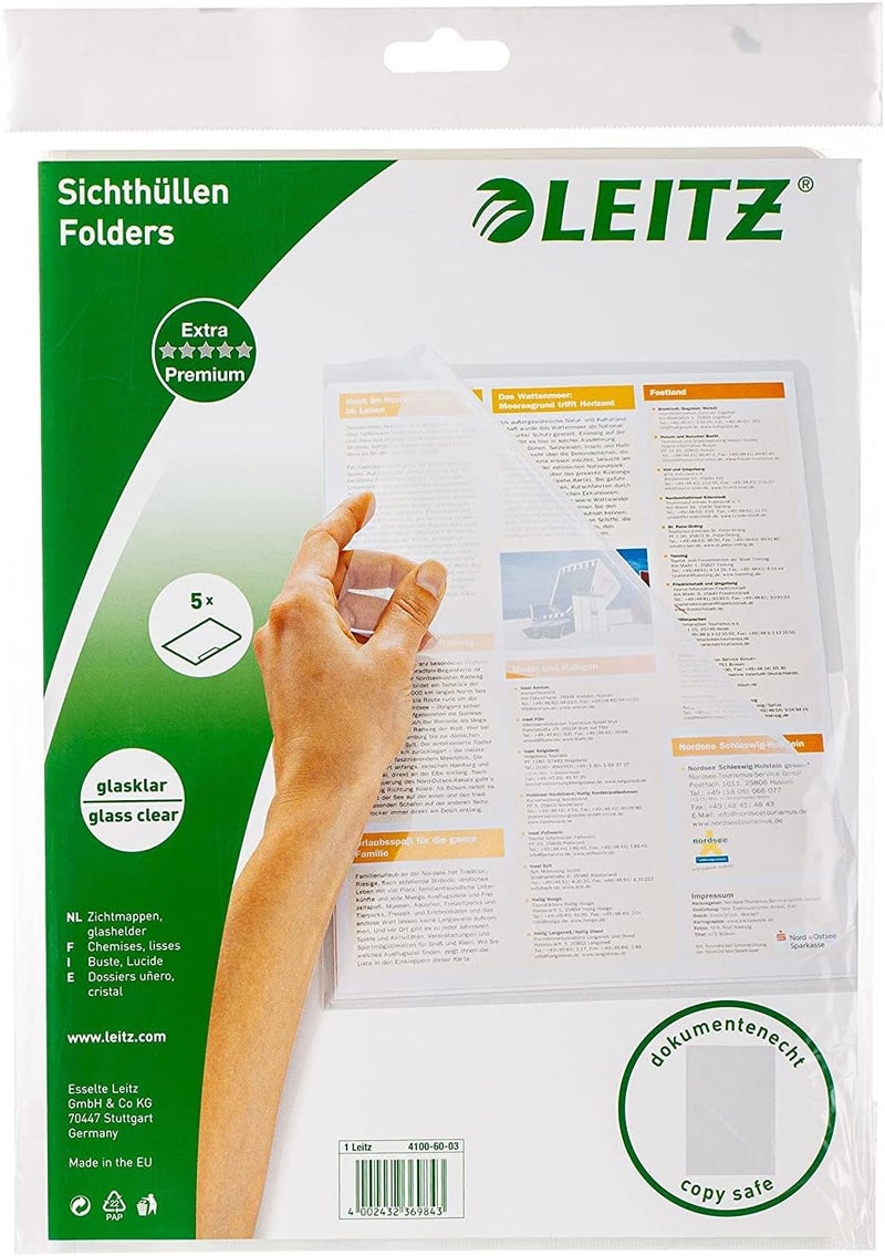LEITZ Premium A4 Pvc Copy-Safe 5 Pcs Crystal Clear Plastic Sleeves