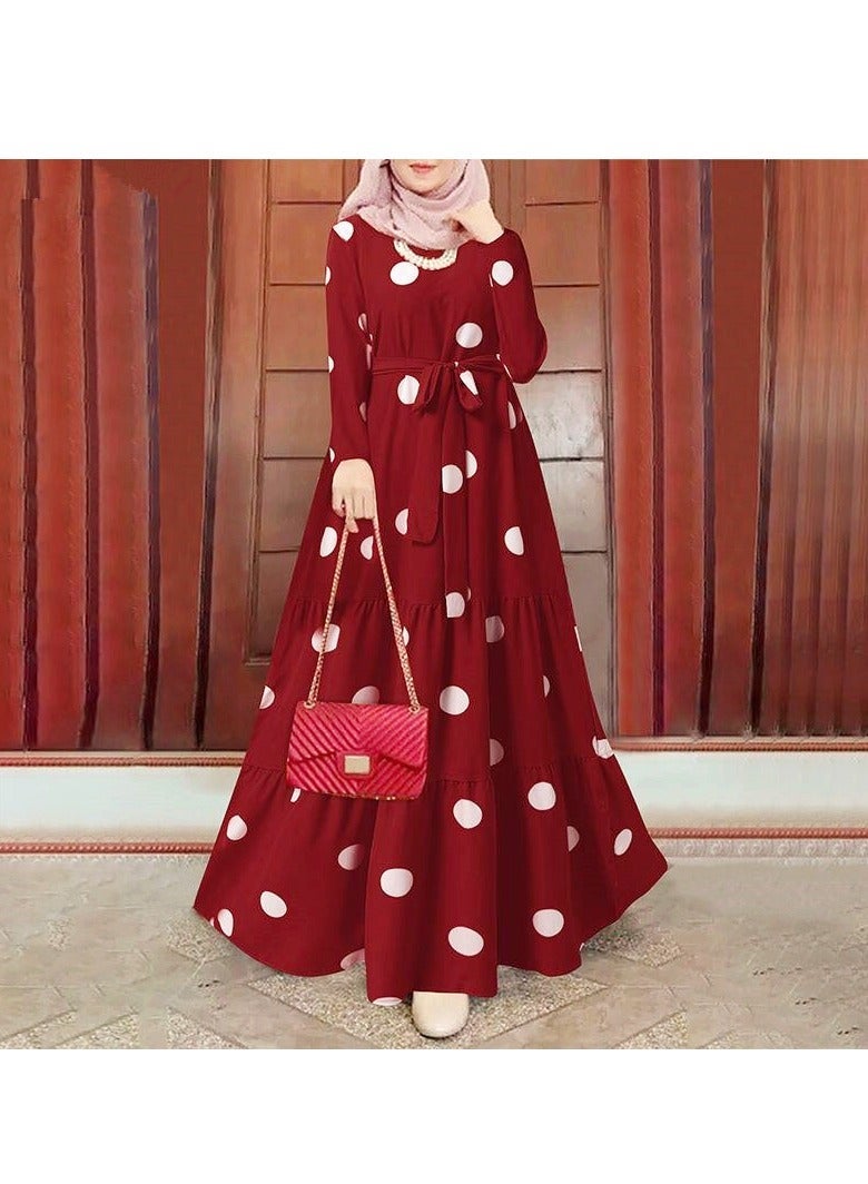 المرأة Polka Dot Frock مع الحزام، الرقبة المستديرة الأكمام الطويلة A-Line فستان، أنيقة أنيقة النساء المسلمين أنيقة العادية فستان فضفاض، مثالية للارتداء اليومي والأنشطة في الهواء الطلق - Image 2