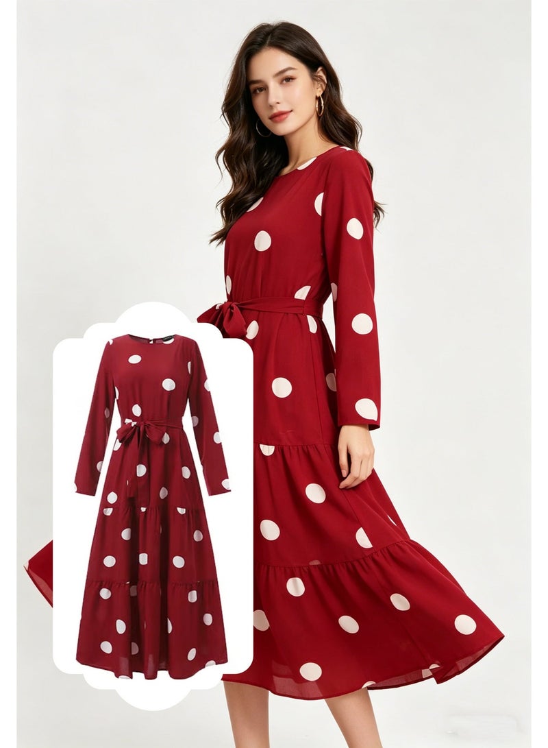 المرأة Polka Dot Frock مع الحزام، الرقبة المستديرة الأكمام الطويلة A-Line فستان، أنيقة أنيقة النساء المسلمين أنيقة العادية فستان فضفاض، مثالية للارتداء اليومي والأنشطة في الهواء الطلق - Image 1