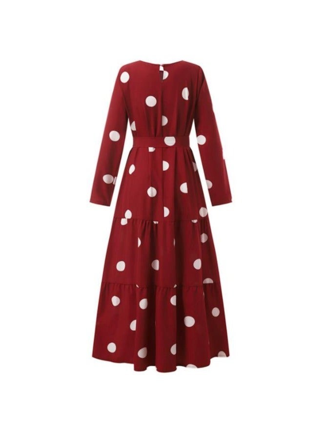 المرأة Polka Dot Frock مع الحزام، الرقبة المستديرة الأكمام الطويلة A-Line فستان، أنيقة أنيقة النساء المسلمين أنيقة العادية فستان فضفاض، مثالية للارتداء اليومي والأنشطة في الهواء الطلق - Image 4