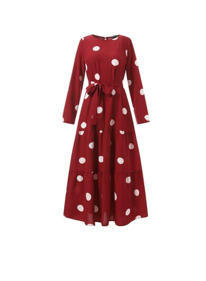 المرأة Polka Dot Frock مع الحزام، الرقبة المستديرة الأكمام الطويلة A-Line فستان، أنيقة أنيقة النساء المسلمين أنيقة العادية فستان فضفاض، مثالية للارتداء اليومي والأنشطة في الهواء الطلق - Image 3