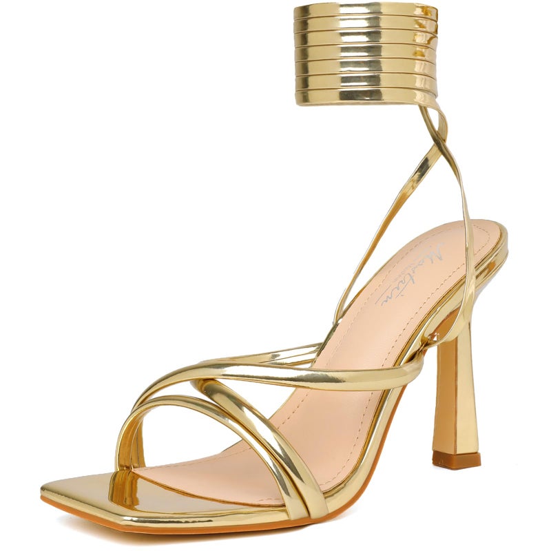 Mostrin Gold Strappy Heels for Women Lace Up Heels Tie Up Stiletto Heeled Sandals Square Open Toe High Heels for Prom, Party and Weddings Size 12 - Image 1