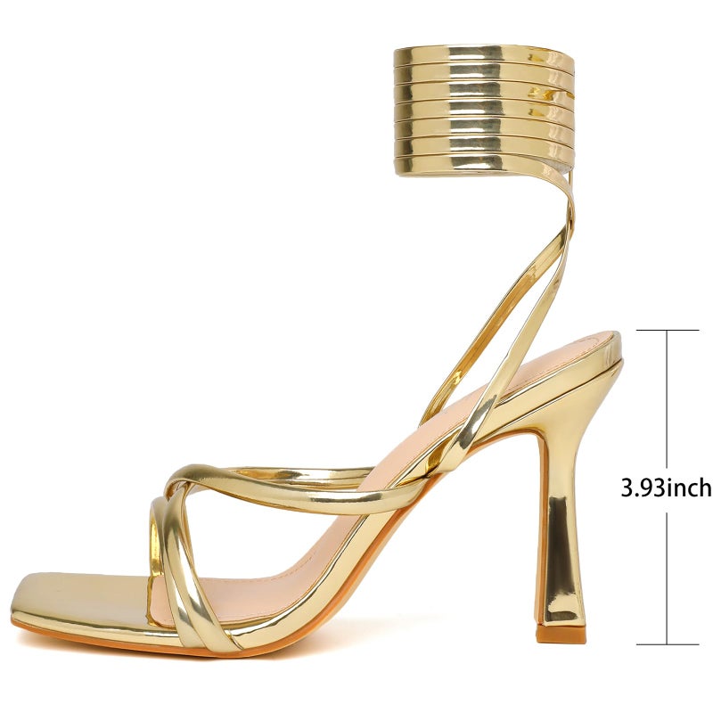 Mostrin Gold Strappy Heels for Women Lace Up Heels Tie Up Stiletto Heeled Sandals Square Open Toe High Heels for Prom, Party and Weddings Size 12 - Image 4