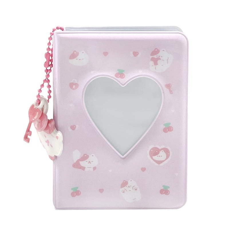 YAHUIPEIUS 3 Inch Mini Photo Album, Heart Hollow Card Binder Photo Card Holder with Pendant 40 Pockets (pink white cat) - Image 2