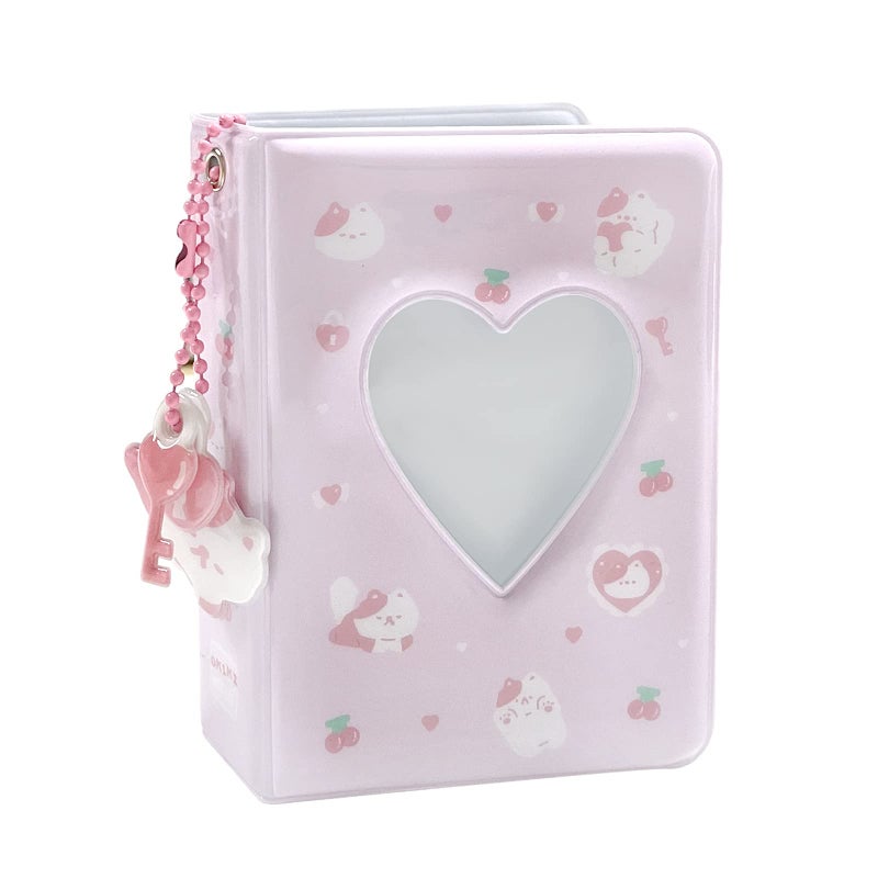 YAHUIPEIUS 3 Inch Mini Photo Album, Heart Hollow Card Binder Photo Card Holder with Pendant 40 Pockets (pink white cat) - Image 1