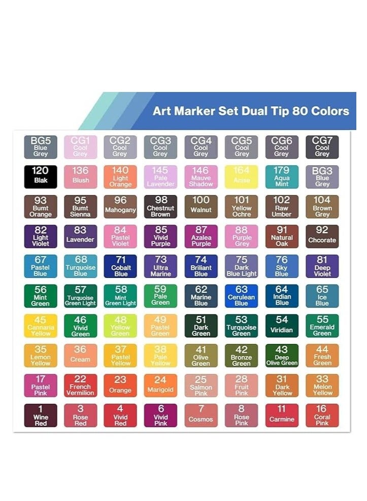 أقلام تحديد 80 لونًا من ، أقلام فنية للرسم، أقلام تحديد فنية دائمة للأطفال والكبار، قلم تلوين الرسوم المتحركة والمانغا، قلم تحديد رسومي مزدوج الرأس (80 لونًا) - Image 2