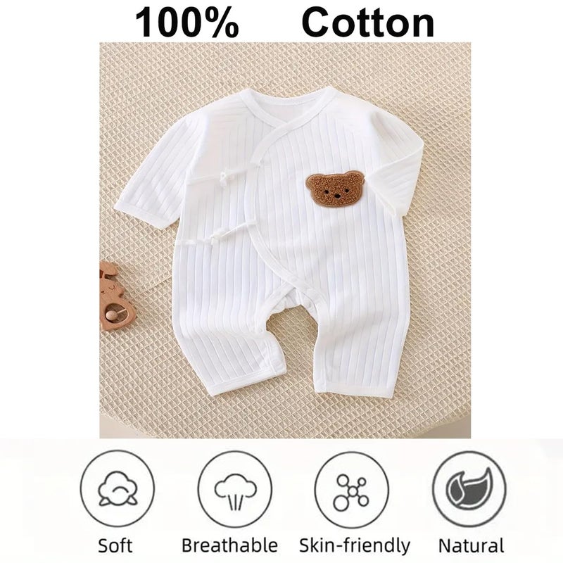 Babyfond Newborn Baby Cotton Onesie, Cute Bear Patched Casual Long Sleeve Bodysuit, Toddler & Infant Boy's Girl's Comfortable Clothing (White, 1-3 Months) - Image 2