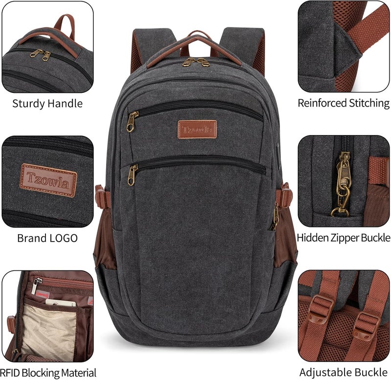Tzowla Vintage Canvas Laptop Backpack for Men and Women,College Travel Work Rucksack Fit 15.6 Inch Laoptop - Image 4