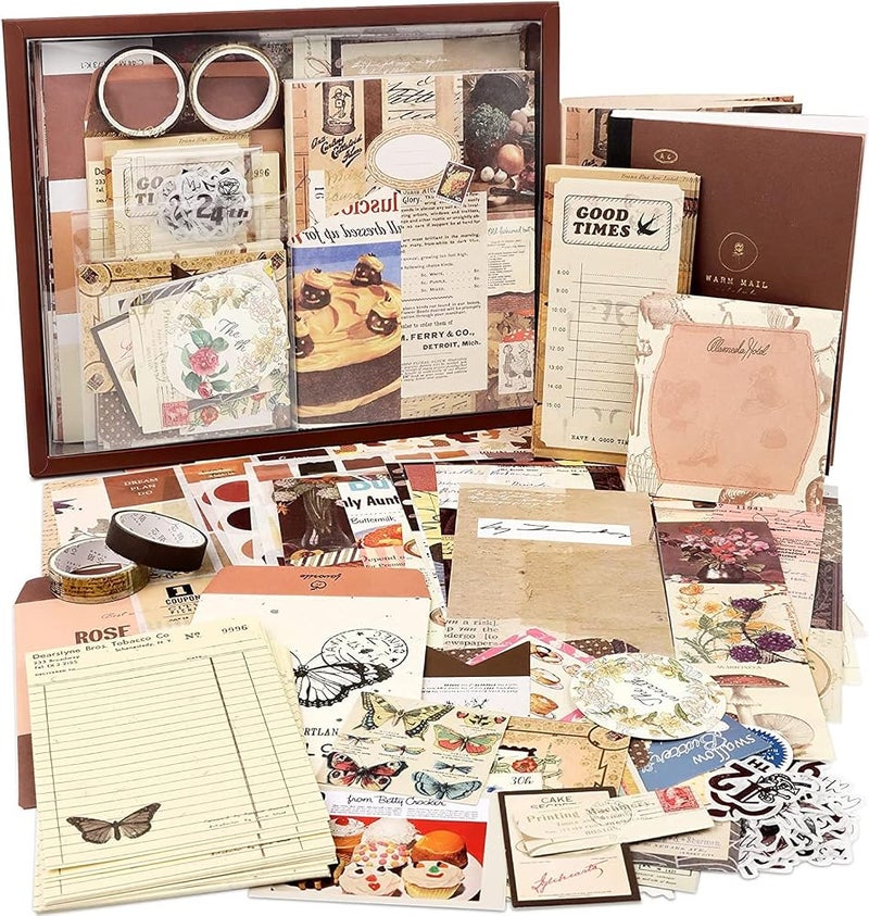 Draupnir Vintage Aesthetic Scrapbook Kit(346pcs), Bullet Junk Journal Kit with Journaling/Scrapbooking Supplies, Stationery, A6 Grid Notebook with Graph Ruled Pages.DIY Gift for Teen Girl Kid Women. - Image 1