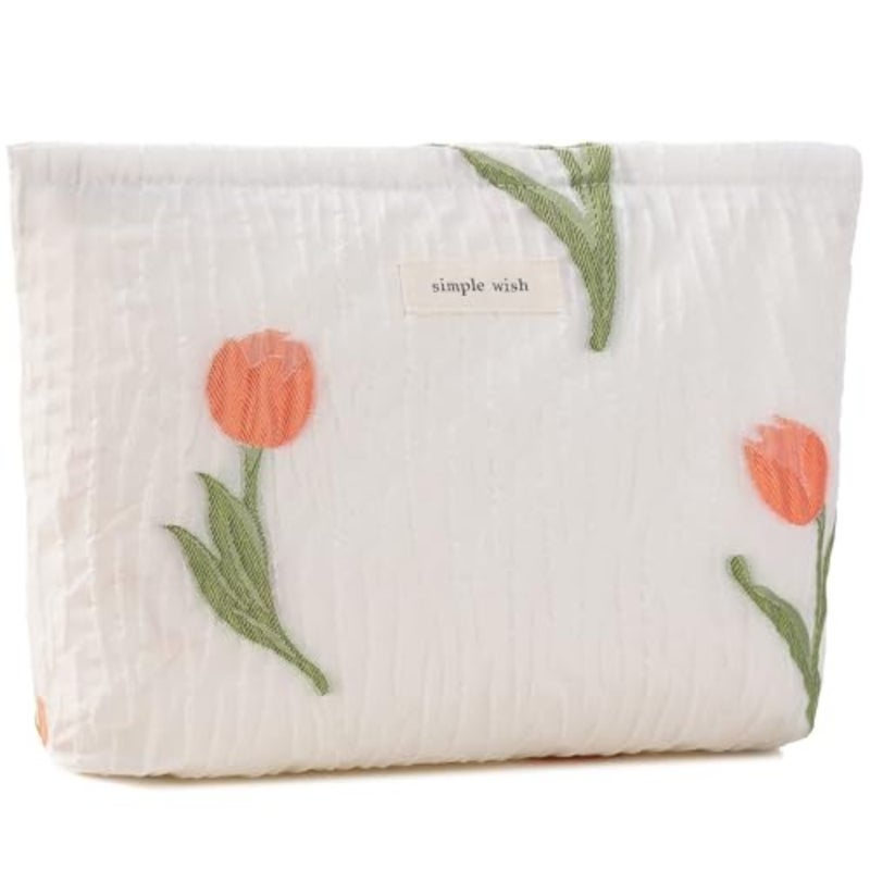 Tulip Makeup Bag for Women, Large Capacity Quilted Canvas Floral Cosmetic Pouch with Zipper, Cute Aesthetic Flower Makeup Bag for Purse, Travel Toiletry Organizer, Gift - Image 1