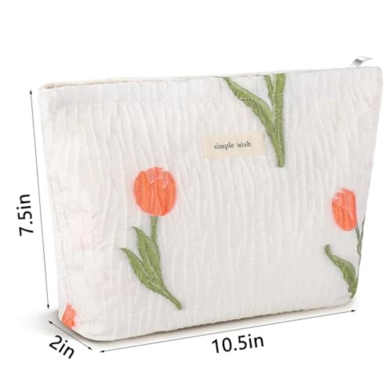 Tulip Makeup Bag for Women, Large Capacity Quilted Canvas Floral Cosmetic Pouch with Zipper, Cute Aesthetic Flower Makeup Bag for Purse, Travel Toiletry Organizer, Gift - Image 4