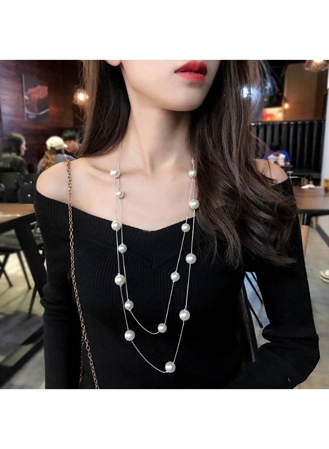 NIBEMINENT Korean Style Double Layer Faux Pearl Sweater Chain Long Fashionable Minimalist Necklace