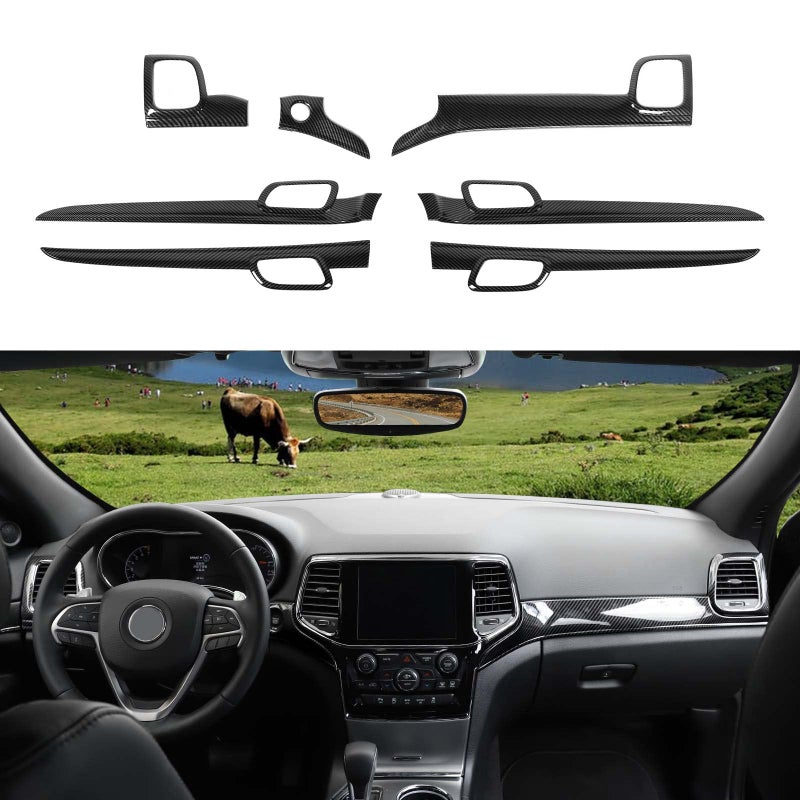 تقليمات لوحة التحكم الداخلية لجهاز جيكار مع أغطية مقابض الأبواب الداخلية ملحقات متوافقة مع جيب جراند شيروكي 2011 WK2 بتصميم من ألياف الكربون