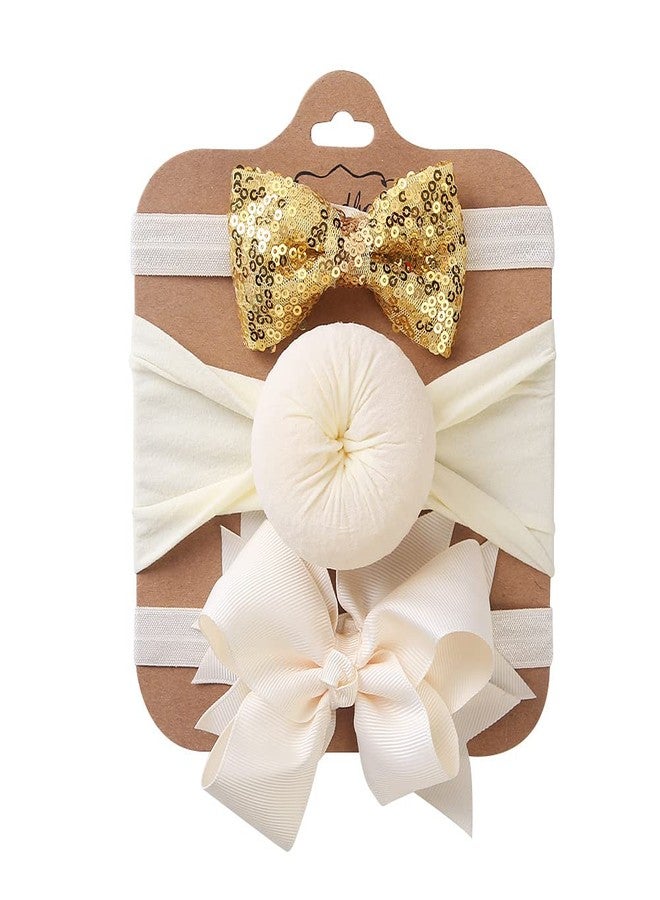 SYGA 3 Pcs Baby Headband Set, Soft Stretchable Nylon Hairbands with Glitter Bow and Knotted Design for Newborn, Infant, and Toddler-0-3 Years (Beige) - Image 1