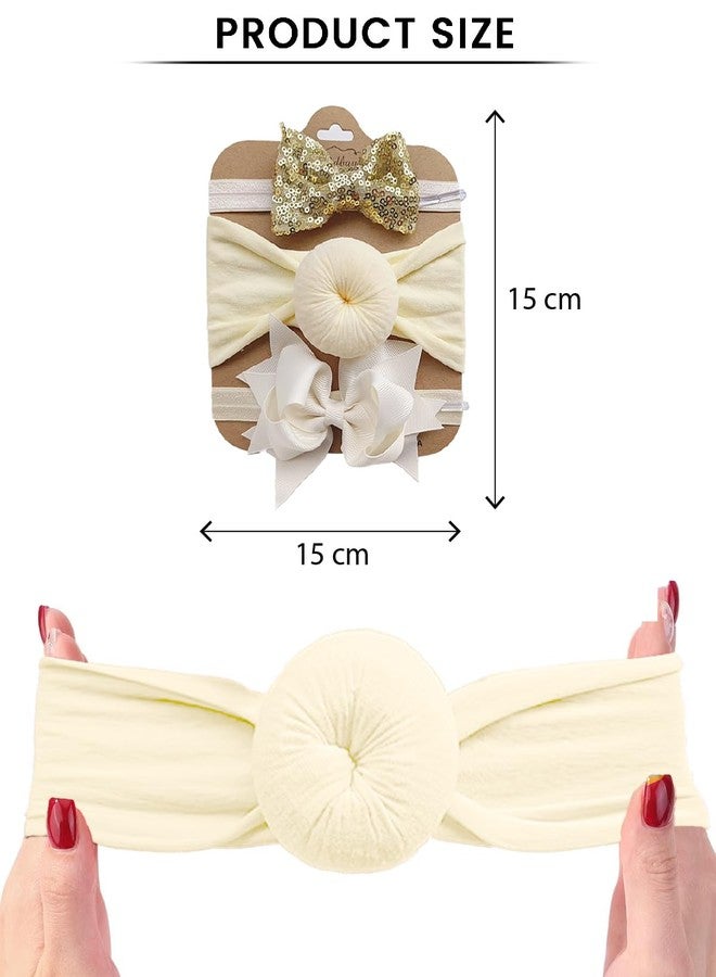 SYGA 3 Pcs Baby Headband Set, Soft Stretchable Nylon Hairbands with Glitter Bow and Knotted Design for Newborn, Infant, and Toddler-0-3 Years (Beige) - Image 4