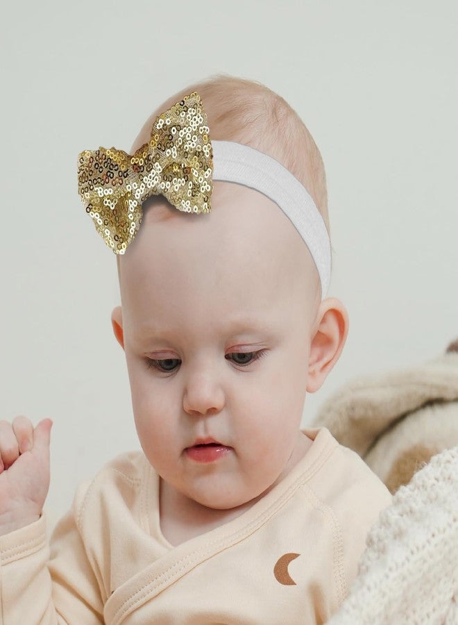 SYGA 3 Pcs Baby Headband Set, Soft Stretchable Nylon Hairbands with Glitter Bow and Knotted Design for Newborn, Infant, and Toddler-0-3 Years (Beige) - Image 3