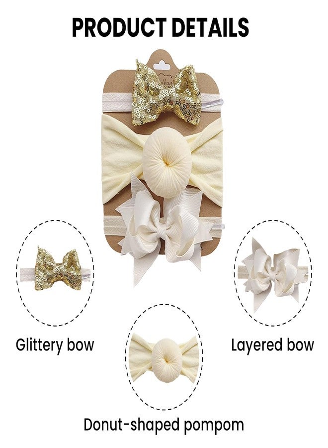 SYGA 3 Pcs Baby Headband Set, Soft Stretchable Nylon Hairbands with Glitter Bow and Knotted Design for Newborn, Infant, and Toddler-0-3 Years (Beige) - Image 5