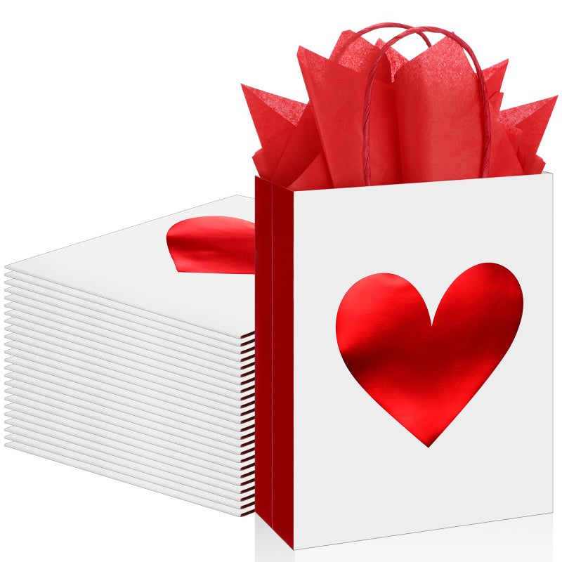 Teling 24 Pack Valentine's Day Gift Bags with Tissue Paper Red Foil Heart Goodie Bags with Handles for Valentine Gifts Giving Wrapping Anniversary Couple Dating, 9 x 7 x 3.15 Inch(White,Red) - Image 1